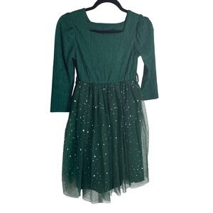 Girls Emerald Green Celestial Star Tulle Festive Holiday Party Dress Long Sleeve